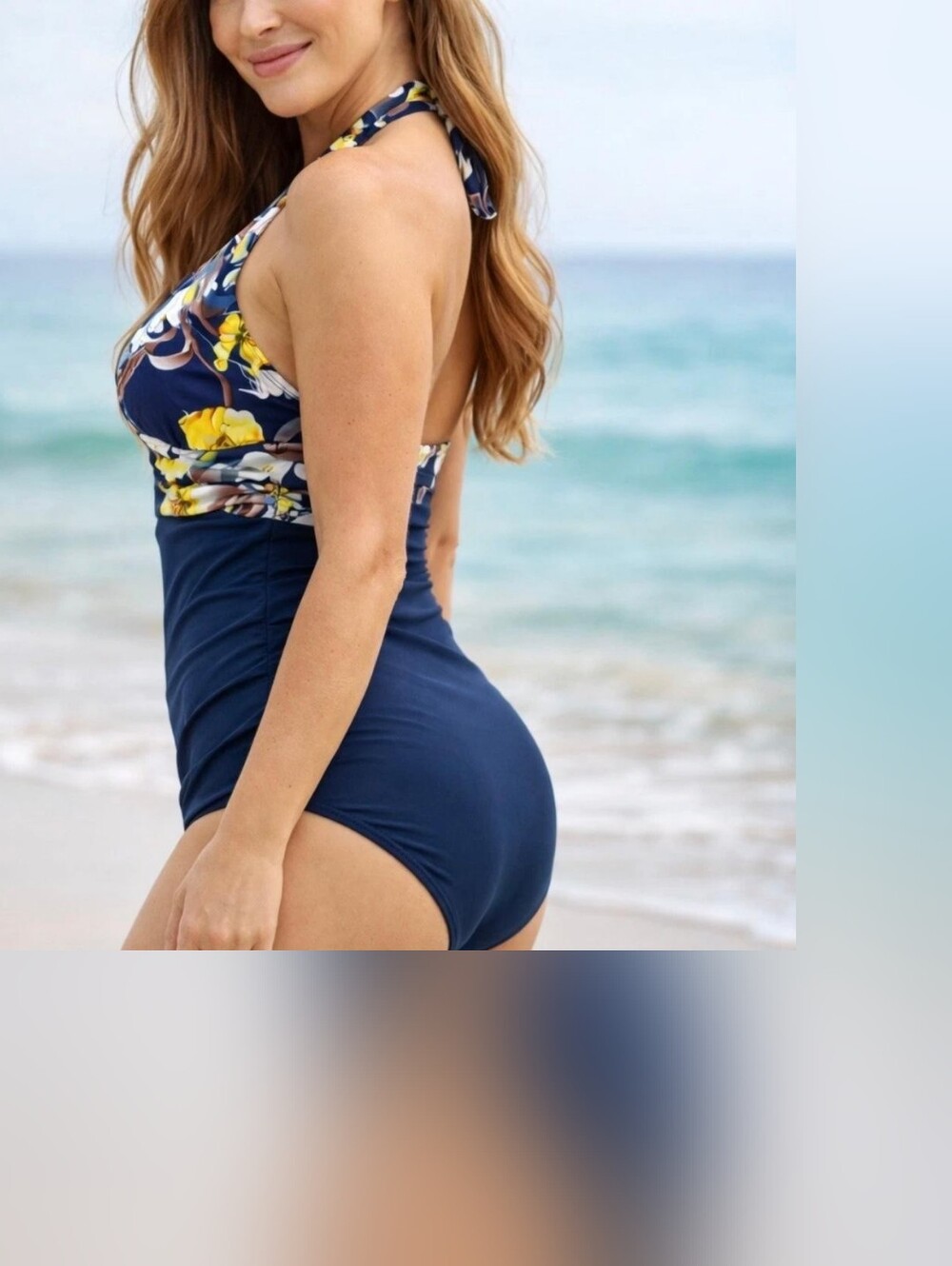 Cupshe One Piece Swimsuit Floral Halter Navy Blue Women's Size M NWT